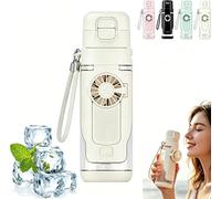 MEEVINWH 2-in-1 Water Bottle with Built-In Foldable Fan, Portable USB Rechargeable Handheld Cooling Cup,USB Rechargeable Handheld Cooling Cup 3 Speeds with Straw for Outdoors Sports(White)