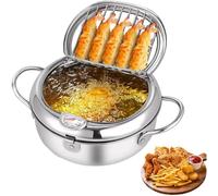 MeevrgR Freidora japonesa de acero inoxidable con termómetro y rejilla de goteo de aceite para tempura, papas fritas, pollo y otros alimentos fritos, 20 cm, color plateado, este color es de 28 cm 304