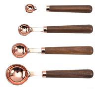 MeevrgR Juego de cucharas medidoras de acero inoxidable, 4 cucharas de oro rosa con medidas grabadas y asas de madera de roble para cocinar y hornear