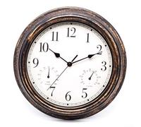 MeevrgR Reloj de pared para exteriores de 12 pulgadas con pantalla de temperatura y humedad, resistente a la intemperie y al agua, funcionamiento silencioso, incluye termómetro e higrómetro para patio