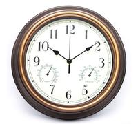 MeevrgR Reloj de pared para exteriores de 12 pulgadas con pantalla de temperatura y humedad, resistente a la intemperie y al agua, funcionamiento silencioso, incluye termómetro e higrómetro para patio
