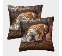 MEFESE Bulldog Fundas Cojines Decorativa Juego De 2 Durmiendo Bulldog Funda De Almohada Funda De Cojín 3D Mejor Amigo 40x40cm