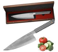 MEG Cuchillo de Chef en acero de Damasco 67 capas presentado en caja de madera acacia. Forja en acero de alto carbono 20,5 cm filo, mango hexágono de resina, uso profesional y resultado de alta cocina