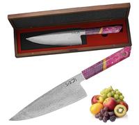 MEG Cuchillo de Chef en acero de Damasco 67 capas presentado en caja de madera acacia. Forja en acero de alto carbono 20,5 cm filo, mango hexágono de resina, uso profesional y resultado de alta cocina