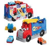 MEGA BLOCKS First Builders Conjunto de construcción de bloques Camión de carreras y construcción, incluye 19 piezas, 2 coches de carreras y almacenamiento, rojo, para niños y niñas pequeños, JFR29