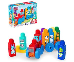 MEGA BLOKS First Builders Tractor con animalitos encajables Juego de Bloques para niños pequeños con 30 Piezas, para Aprender los Animales y los Colores, Rojo y Azul, a Partir de 1 año, JKG33