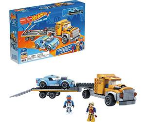 Mega Construx Hot Wheels Camión de transporte y coche Vehículos de juguete de 180 bloques de construcción con 2 figuras Mattel GYG66