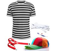 Mega_Jumble Disfraz de Alicia en el país de las maravillas Twins Fairy Tale Tweedle Dee or Dum - Camiseta de rayas blancas y negras, sombrero de helicóptero, tirantes y guantes, Multicolor, S