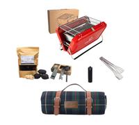 MEGA KIT KIKIRIKIT - Barbacoa carbón - Manta de picnic- Pinzas barbacoa - Briquetas Carbón - Accesorios Camper- Regalo original - Regalos para padres (Scottish con Roja)