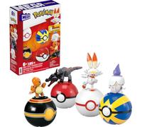 Mega Pokémon Equipo de Entrenador de Fuego Pack 4 Pokeballs con Salandit, Scorbunny, Charmander & Litwick, 105 Bloques de construcción, Juguete +6 años (Mattel HTJ06)