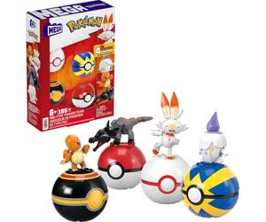 Mega Pokémon Equipo de Entrenador de Fuego Pack 4 Pokeballs con Salandit, Scorbunny, Charmander & Litwick, 105 Bloques de construcción, Juguete +6 años (Mattel HTJ06)