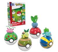 MEGA Pokémon Pack 4 personajes tipo planta con sus pokeballs, incluye a Bulbasaur, Turtwig, Hoppip y Oddish, 118 bloques de construcción, juguete +6 años (HWR77)