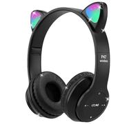 Megadream - Auriculares inalámbricos para niños, con Bluetooth, con micrófono, con luz LED para orejas de gato, tarjeta TF, con cable, plegables, para regalo de 7 años y negro