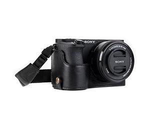 MegaGear MG1203 Ever Ready - Media Funda de Piel auténtica y Correa con Acceso a la batería para cámara Sony Alpha A6500, Color Negro