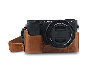 MegaGear MG1642 Estuche Ever Ready, Media Funda, Estuche de Base, Funda de Pronto Uso de Cuero auténtico, con Correa Compatible con Sony Alpha A6100, A6400 - Marrón