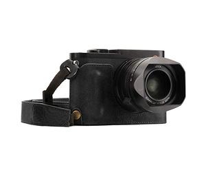 MegaGear Para Leica Q-P, Q (Typ 116) Estuche Ever Ready, Media funda, estuche de base, funda de pronto uso de cuero auténtico, con correa - Negro