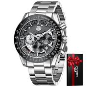 MEGALITH Elegante Relojes de Pulsera para Hombre: Cronógrafo Relojes Cuarzo Impermeable Plateado - Grande Acero Reloj Caballero Calendario Analogico Regalo