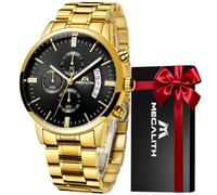 MEGALITH Reloj Hombre Cronografo Acero: Dorado Relojes de Pulsera Analógico Cuarzo Luminoso Fecha