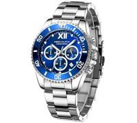 MEGALITH Relojes Hombre Acero Plateado: Azul Cronografo Relojes de Pulsera Grande - Reloj Fecha Luminosa Impermeable