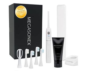 MEGASONEX Juego de cepillos de dientes ultrasónicos M8, incluye pasta de dientes, accesorio para la lengua y 2 cabezales de cepillo de dientes medianos