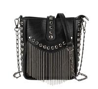 MEGAUK Mini remache bolso cadena flecos bolso bandolera Cross Body Bolsas elegante bolso de cadena punk bolso de noche con cadena correa de metal correa de hombro, 07067 Negro, One size