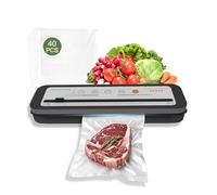 MEGAWISE Sellador al vacío A01 de 80 kPa para alimentos, modo seco y húmedo, diseño compacto y ligero, incluye 40 bolsas de vacío precortadas y manguera de vacío (color plateado)