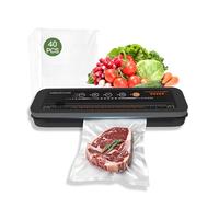 MEGAWISE Sellador al vacío A01 de 80 kPa para alimentos, modo seco y húmedo, diseño compacto y ligero, incluye 40 bolsas de vacío precortadas y manguera de vacío (negro)