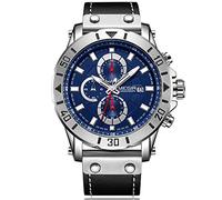MEGIR - Reloj de pulsera para hombre de lujo, correa de piel azul, esfera militar, cronógrafo, calendario, resistente al agua y luz