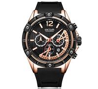 Megir Reloj de pulsera para hombre de lujo, oro rosa, militar, con correa de silicona negra, grande, cronógrafo, calendario, resistente al agua, luz XL