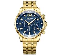 MEGIR Relojes para Hombre Dorado, Reloj Azul Grandes Esfera, Relojes Militar Acero Inoxidable Oro con Calendario Reloj de Pulsera de Cuarzo para Hombres, Resistente al Agua