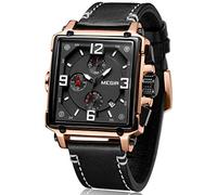 MEGIR Relojes para Hombre Oro Rosa, Reloj Grandes Rectángulo, Relojes Militar de Lujo de Cuero Negro con Calendario Reloj de Pulsera de Cuarzo para Hombres, Resistente al Agua