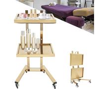 MegLob Carrito De Peluquería De 2 Niveles, De Acero Inoxidable, Plegable Y Móvil, Estación De Trabajo Profesional, Portátil Y Con Ruedas,Oro