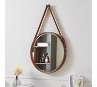 MegLob Espejo De Tocador Montado En La Pared, Espejo De Maquillaje Redondo Moderno, Espejo De Vestido De Baño, Cinturón De Espejo Ajustable, Espejo Para Dormitorio/Entrada,Marrón,40cm