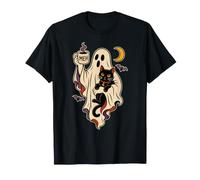 Meh Ghost Cat Café Luna Murciélagos Vintage Halloween Espeluznante Camiseta