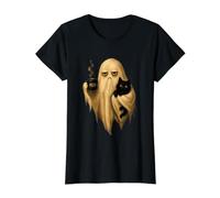 Meh Ghost with Black Cat Coffee Cute Halloween Spooky Season Camiseta gráfica económica, Mujer, Negro, L