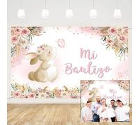 MEHOFOND 1,8 x 1,1 m Fondo Mi bautismo Mi primera comunión conejo rosa mariposa niño y niña cree firmemente en suministros de decoración de fiesta