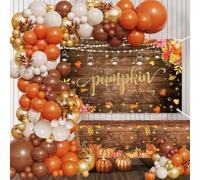 MEHOFOND 146 decoraciones de calabaza para baby shower, pancarta de pared de madera otoñal con texto "A Little Pumpkin is On The Way", kit de arco de guirnalda de globos naranja y marrón, suministros