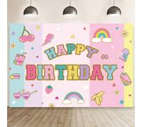 MEHOFOND 2.1 x 1.5 m Preppy Happy Birthday telón de fondo para fiesta de cumpleaños, fondo de fotografía arco iris Let's Party Sweet Girls decoración de cumpleaños cara sonriente preppy fiesta de
