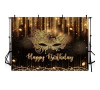 MEHOFOND 2.1 x 1.5 m, telón de fondo de feliz cumpleaños, mascarada, joyería, decoración de fiesta, suministros de carnaval, cumpleaños, baile, fiesta, pancarta negra y dorada con purpurina,