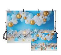 MEHOFOND 7x5ft Telón de Fondo Azul de cumpleaños para niños recién Nacidos,Retrato fotografía,decoración de Globo con Nube de Estrellas,Torta de Estrella,Banner de Fiesta para niños,sesión de Estudio