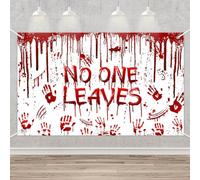 MEHOFOND Bloody Happy Halloween telón de fondo con texto en inglés "Nadie Hojas" Fondo fotográfico de sangre aterradora pared de terror sangrienta huella de mano sangrienta decoración de fiesta de