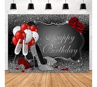 Mehofond Feliz Fiesta de Cumpleaños para Mujer Decoración Telón de fondo Negro y Plata Fotografía Fondo Glitter Plata Tacones Altos Champán Rojo Rosa Globo Estudio Props Banner Vinilo 2,1 x 1,5 m
