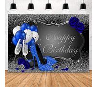 Mehofond Feliz Fiesta de Cumpleaños para Mujer Decoración Telón de fondo Negro y Plata Fotografía Fondo Glitter Azul Tacones Altos Champán Rosa Globo Estudio Props Banner Vinilo 2.1x1.5 m