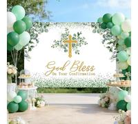 MEHOFOND Fondo de 10 x 7 pies con texto en inglés "God Bless On Your Confirmation", patrón de cruz, decoración de fiesta de primera comunión, fondo de fotografía de bautizo