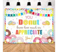 MEHOFOND Fondo de agradecimiento de 7 x 5 pies, dona con texto en inglés "You Donut Know How Much We Appreciate You", fondo de agradecimiento por personal, empleados, profesores, médicos, rayas de