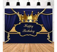 MEHOFOND Fondo de cumpleaños de Prince Blue and Gold Happy Birthday con piedras preciosas Royal Little Prince Crown Boy Fondo de cumpleaños Foto Cabina de vinilo 2.1 x 1.5 m