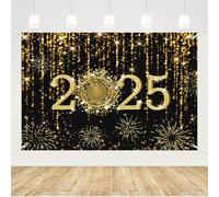 MEHOFOND Fondo de fotografía de 2.4 x 1.8 m, negro y dorado, diseño de Año Nuevo 2024, Hello 2024, puntos de purpurina goteando, fuegos artificiales, reloj de decoración para 2024, Año Nuevo,