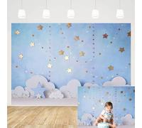 MEHOFOND Fondo de fotografía de cumpleaños de niño Azul de 2,1 x 1,5 m, Parpadeante, estrellita, Blanco, Nube y Globo, Estrellas, Fiesta para niños, decoración de Pasteles, Baby Shower Fotos