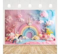 MEHOFOND Fondo de fotografía de cumpleaños de unicornio de 2,1 x 1,5 m, nubes, arco iris, pony, flor, estrella, lunares, fondo de baby shower, pastel, decoración de fiesta de cumpleaños infantil,
