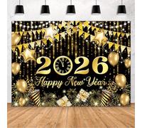 MEHOFOND Fondo negro y dorado con texto en inglés "Happy New Year" para fiesta de cuenta regresiva Hello 2025, globos dorados con purpurina bokeh con purpurina fuegos artificiales, fondo de